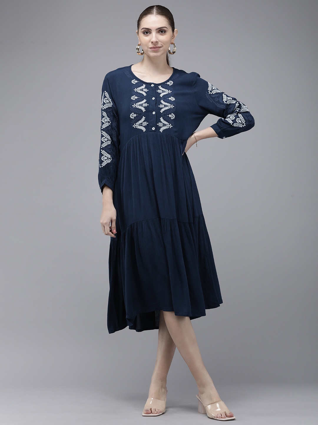 

Van Heusen Woman Floral Embroidered A-Line Midi Dress, Navy blue