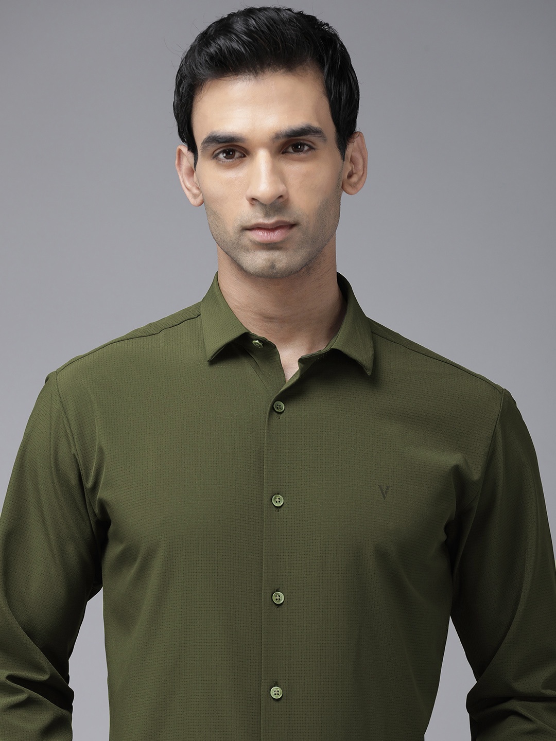 

V Dot Men Slim Fit Micro Checks Opaque Party Shirt, Olive