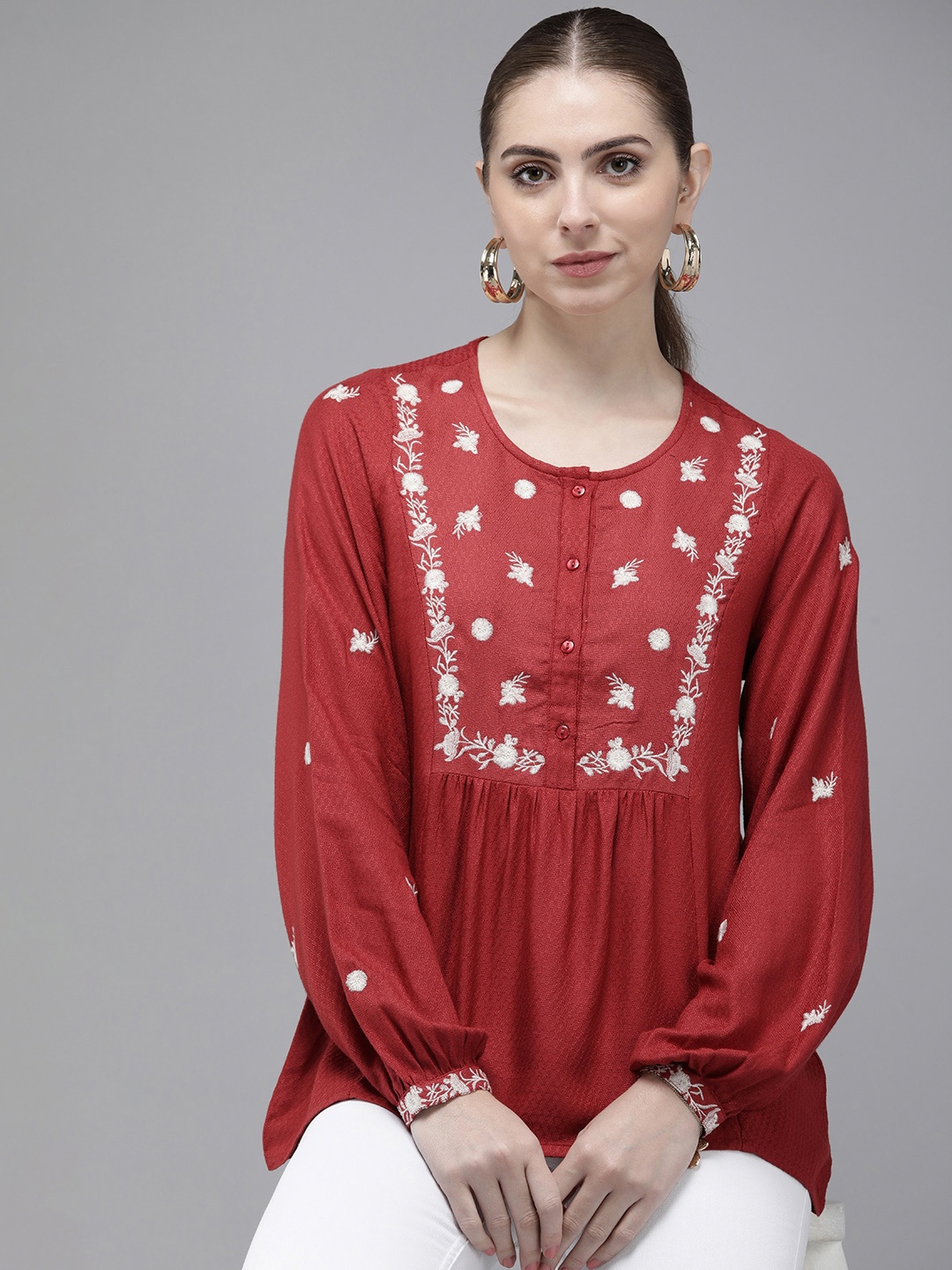 

Van Heusen Woman Floral Embroidered Puff Sleeve Top, Red
