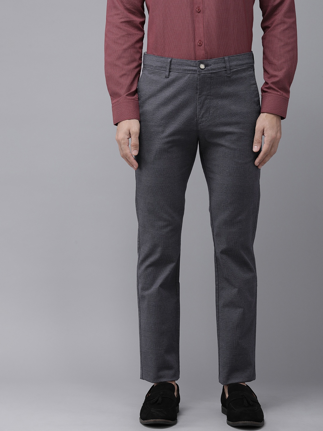 

V Dot Men Self Design Mid-Rise Slim Fit Trousers, Charcoal