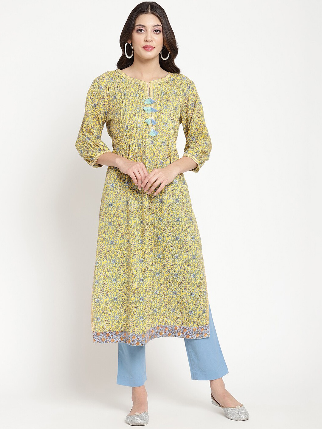 

SAVI Ethnic Motifs Printed Pleated Pure Cotton Straight Kurta, Yellow