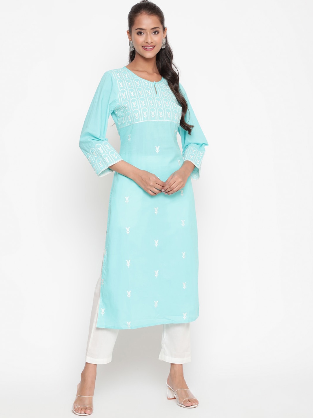 

SAVI Ethnic Motifs Embroidered Keyhole Neck Straight Cotton Kurta, Blue