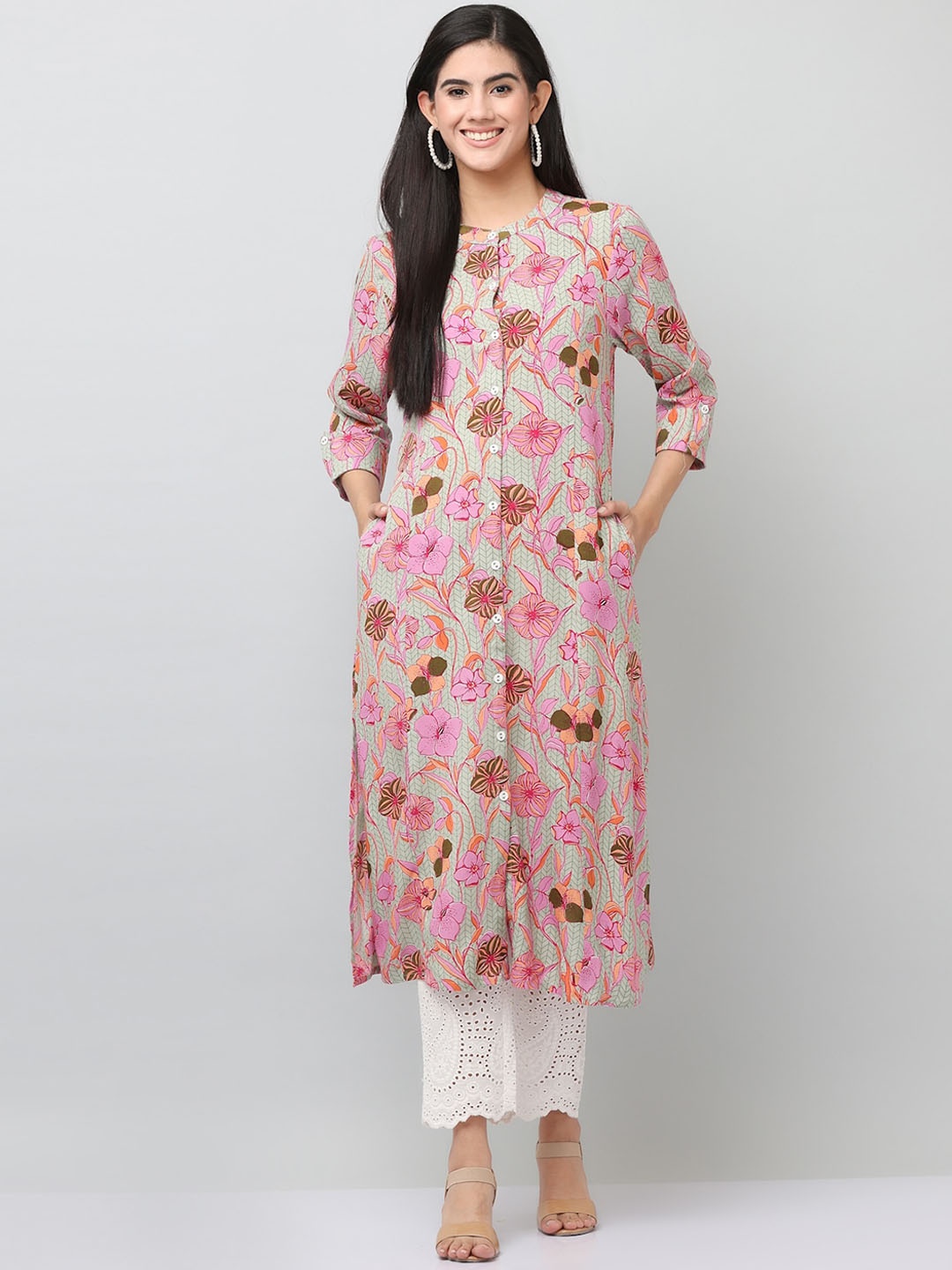 

SAVI Floral Printed Band Colllar Kurta, Pink