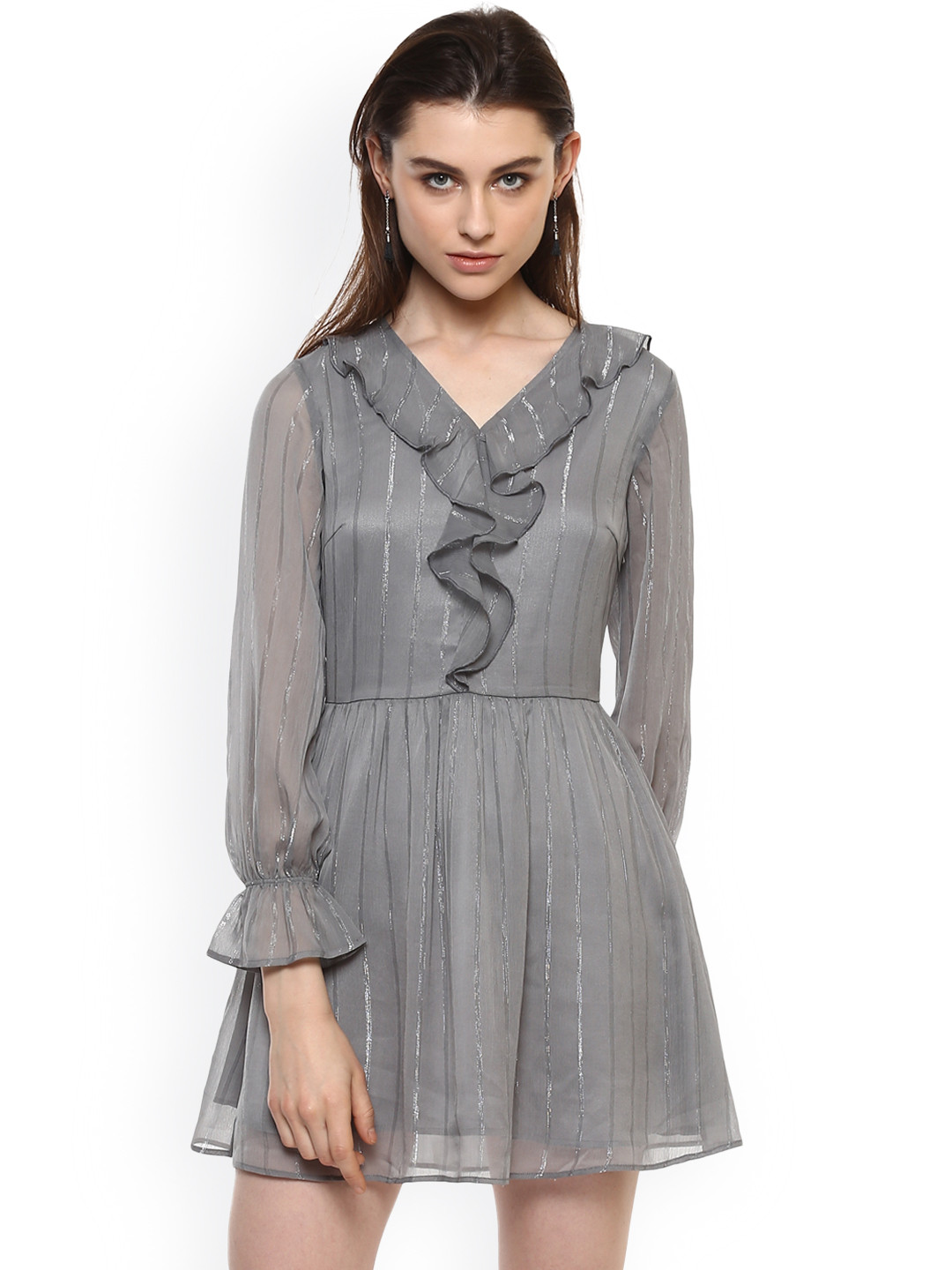

Kazo Women Grey Self-Striped Fit and Flare Dress