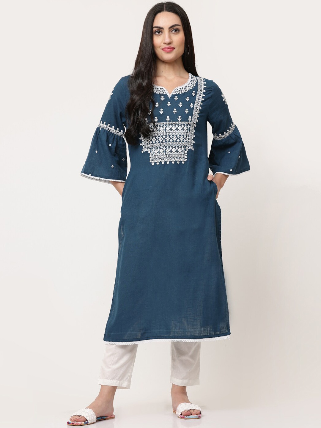 

SAVI Ethnic Motifs Embroidered Flared Sleeves Thread Work Cotton Kurta, Teal