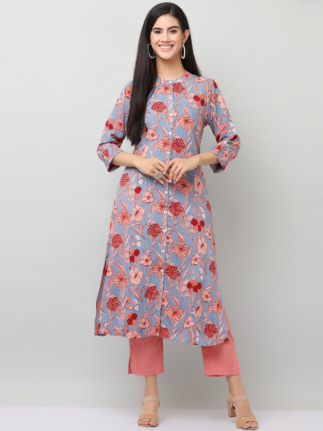 

SAVI Floral Printed Band Collar Straight Kurta, Blue