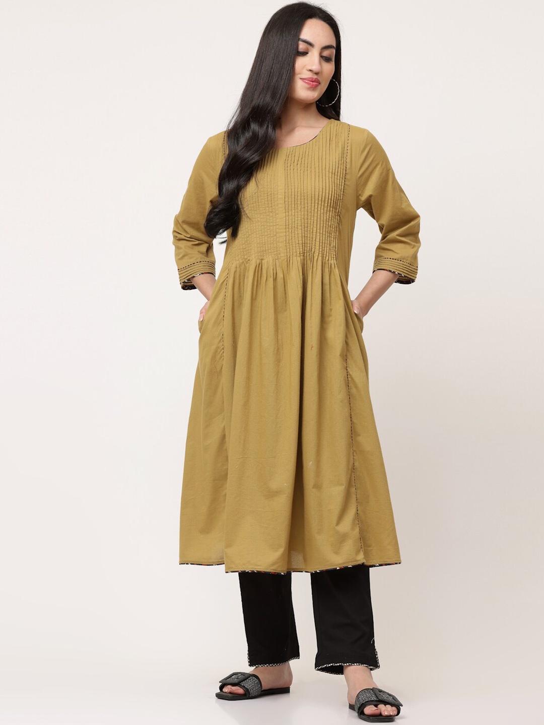 

SAVI Round Neck Pleated Pure Cotton A-Line Kurta, Khaki