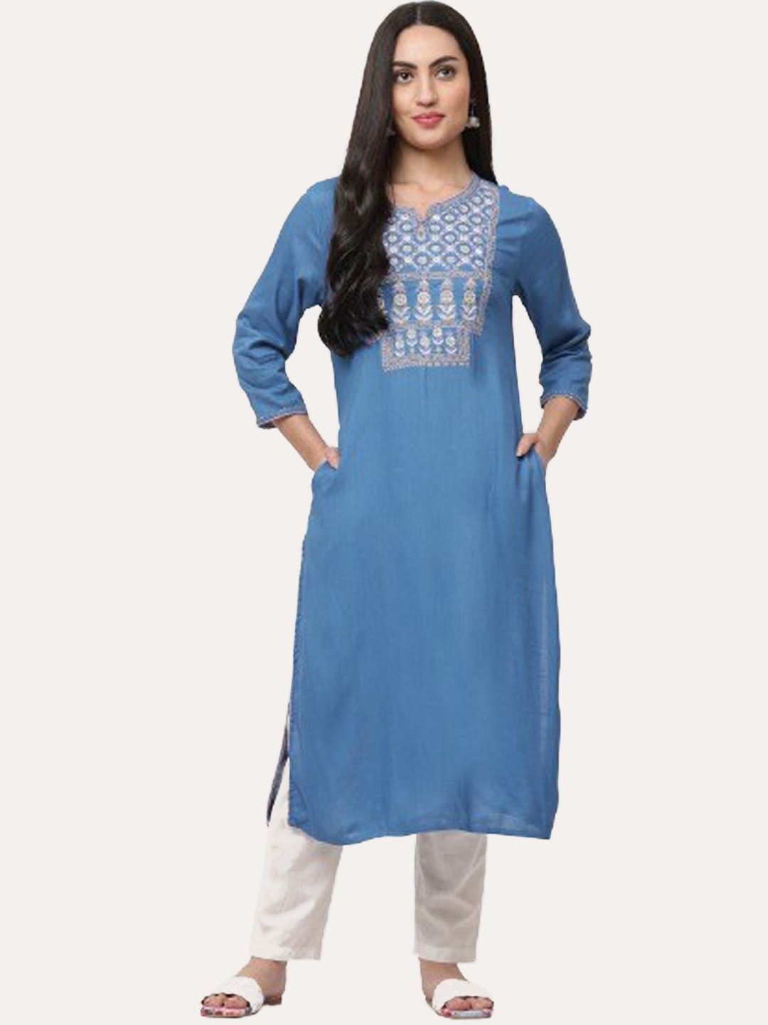 

SAVI Ethnic Motifs Yoke Design Thread Work Pure Cotton Straight Kurta, Blue