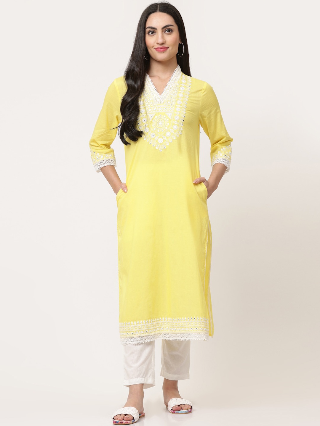 

SAVI Ethnic Motifs Yoke Design Flared Sleeves Cotton Straight Kurta, Yellow