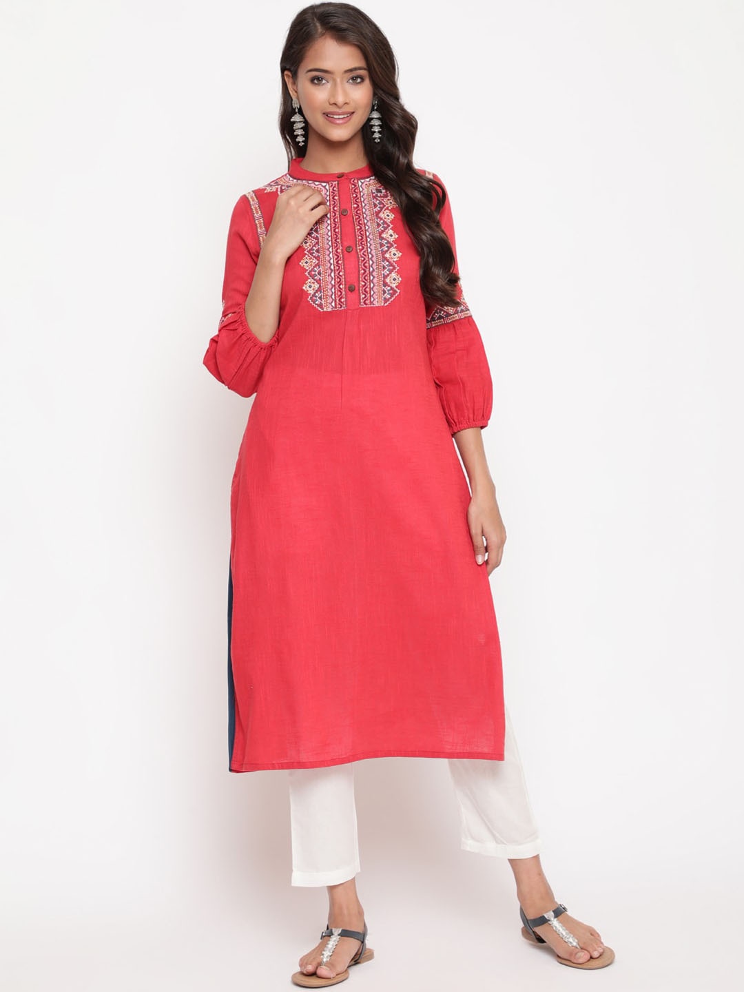 

SAVI Ethnic Motifs Yoke Design Band Collar Kurta, Red