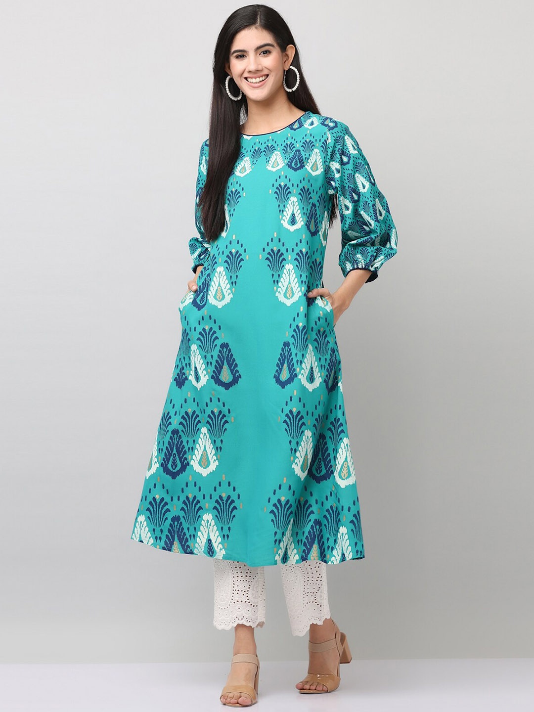 

SAVI Ethnic Motifs Printed Puff Sleeves A-Line Kurta, Blue