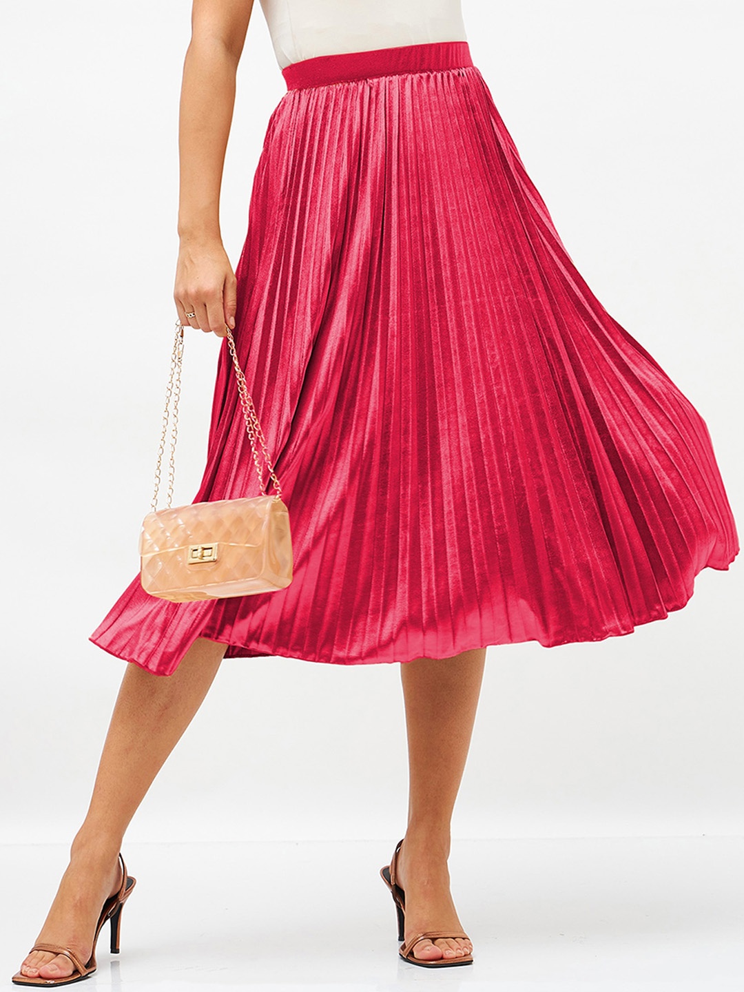 

SASSAFRAS Accordion Pleated Flared A-Line Velvet Midi Skirt, Pink