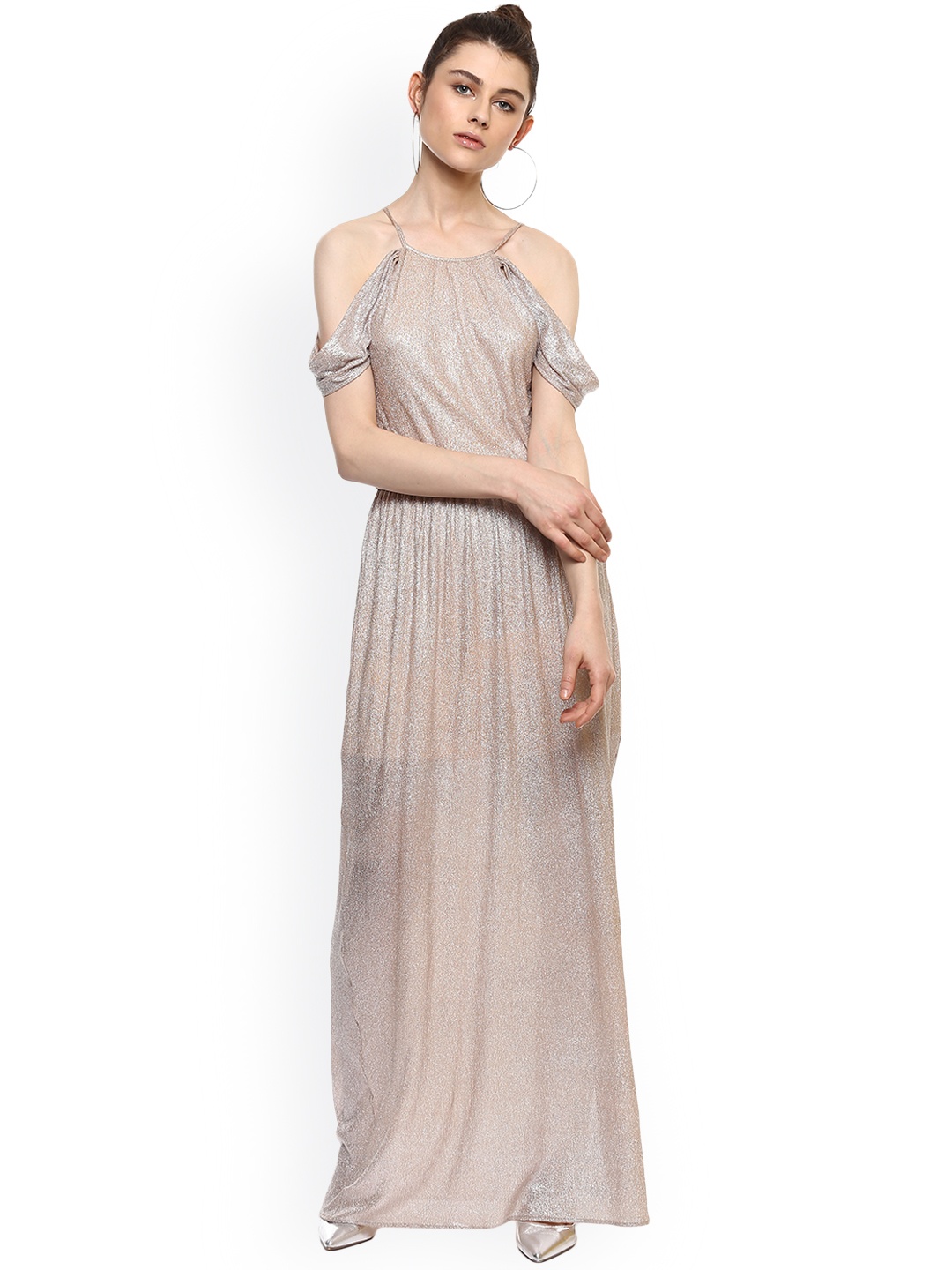 

Kazo Women Rose Gold Cold Shoulder Self Design Maxi Dress