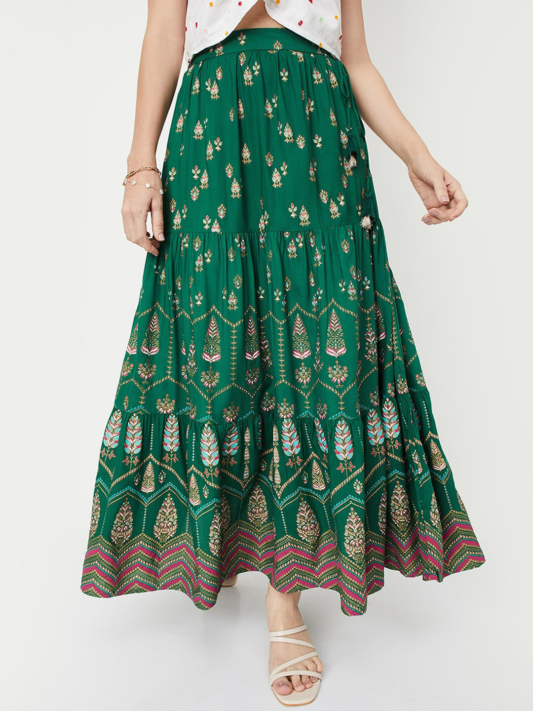

max Floral Print Flared Maxi Skirt, Green