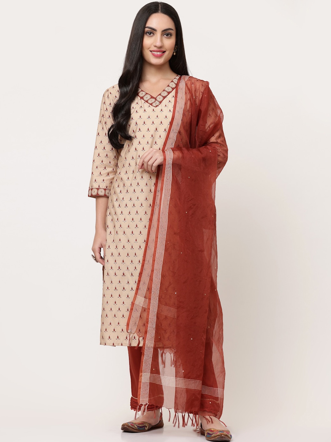 

SAVI Printed Kurta & Trousers With Dupatta Set, Rust