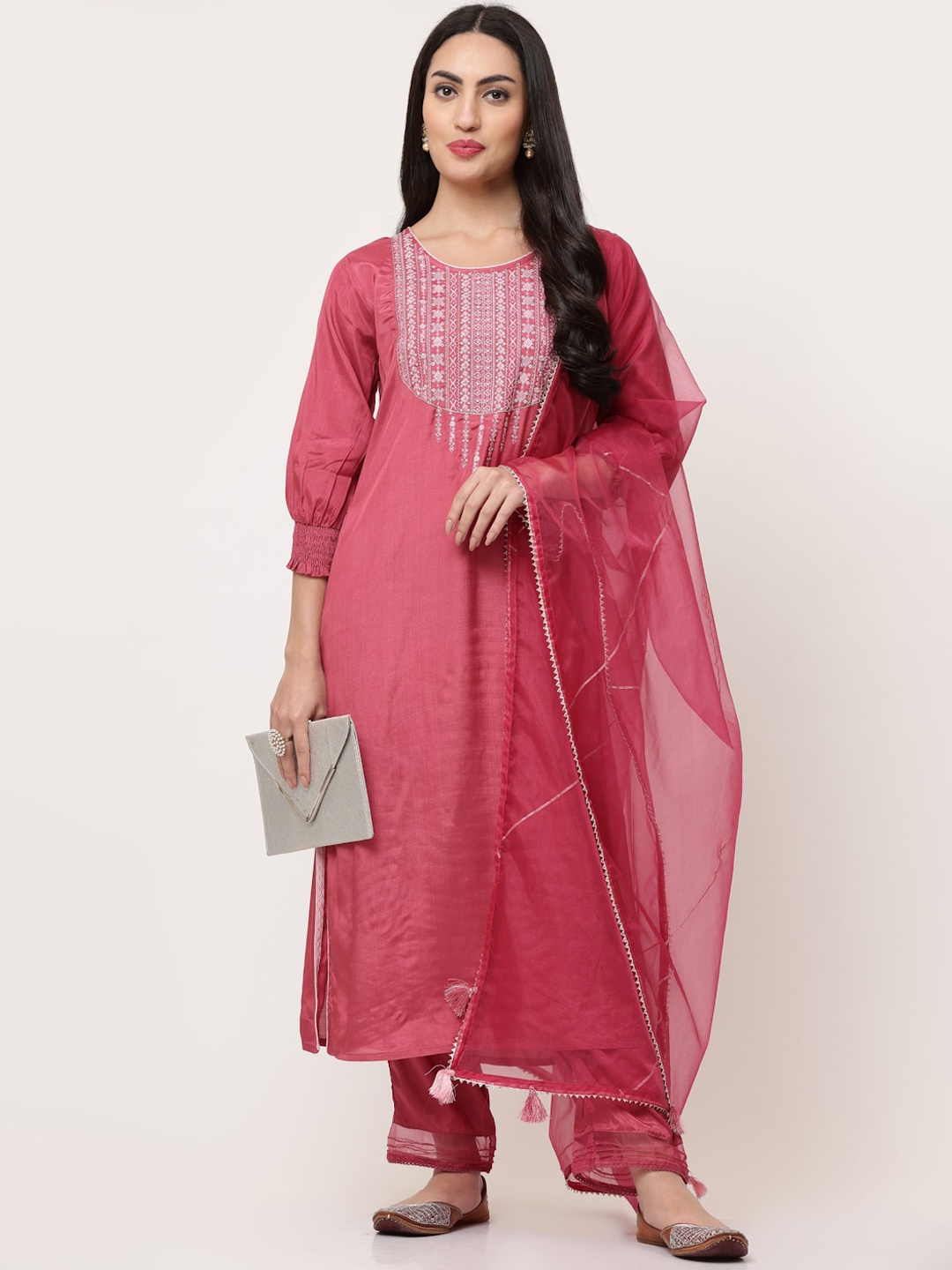 

SAVI Embroidered Kurta & Trousers Set With Dupatta, Pink