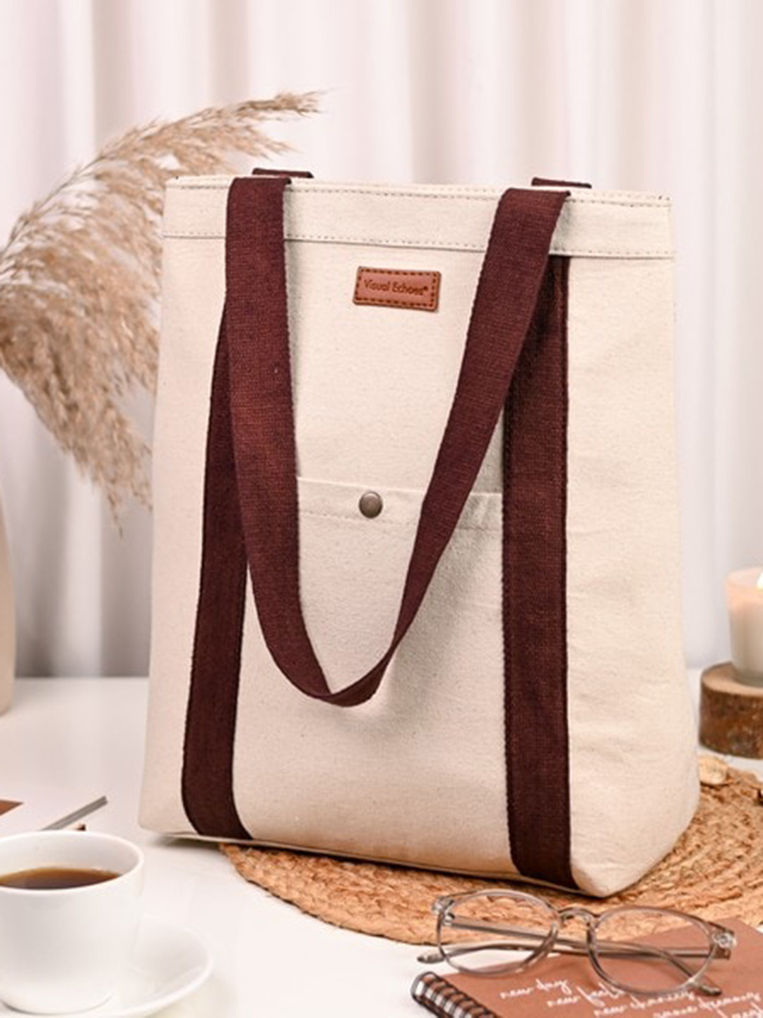 

Visual Echoes Colourblocked Structured Tote Bag, Beige
