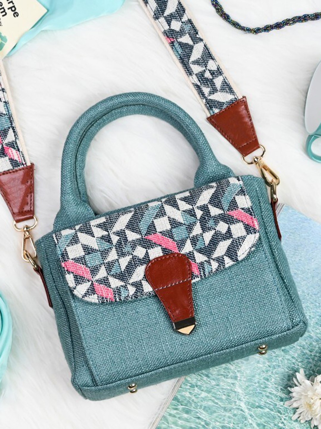 

Visual Echoes Geometric Printed Structured Sling Bag, Teal