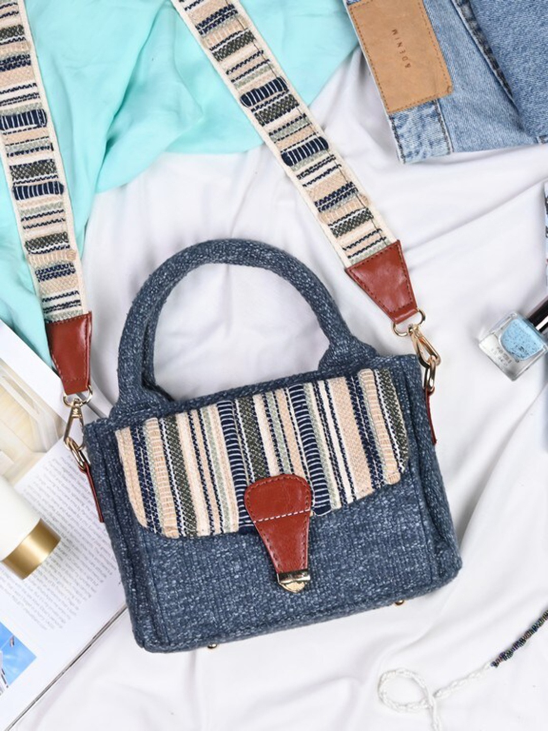 

Visual Echoes Striped Structured Satchel Bag, Blue