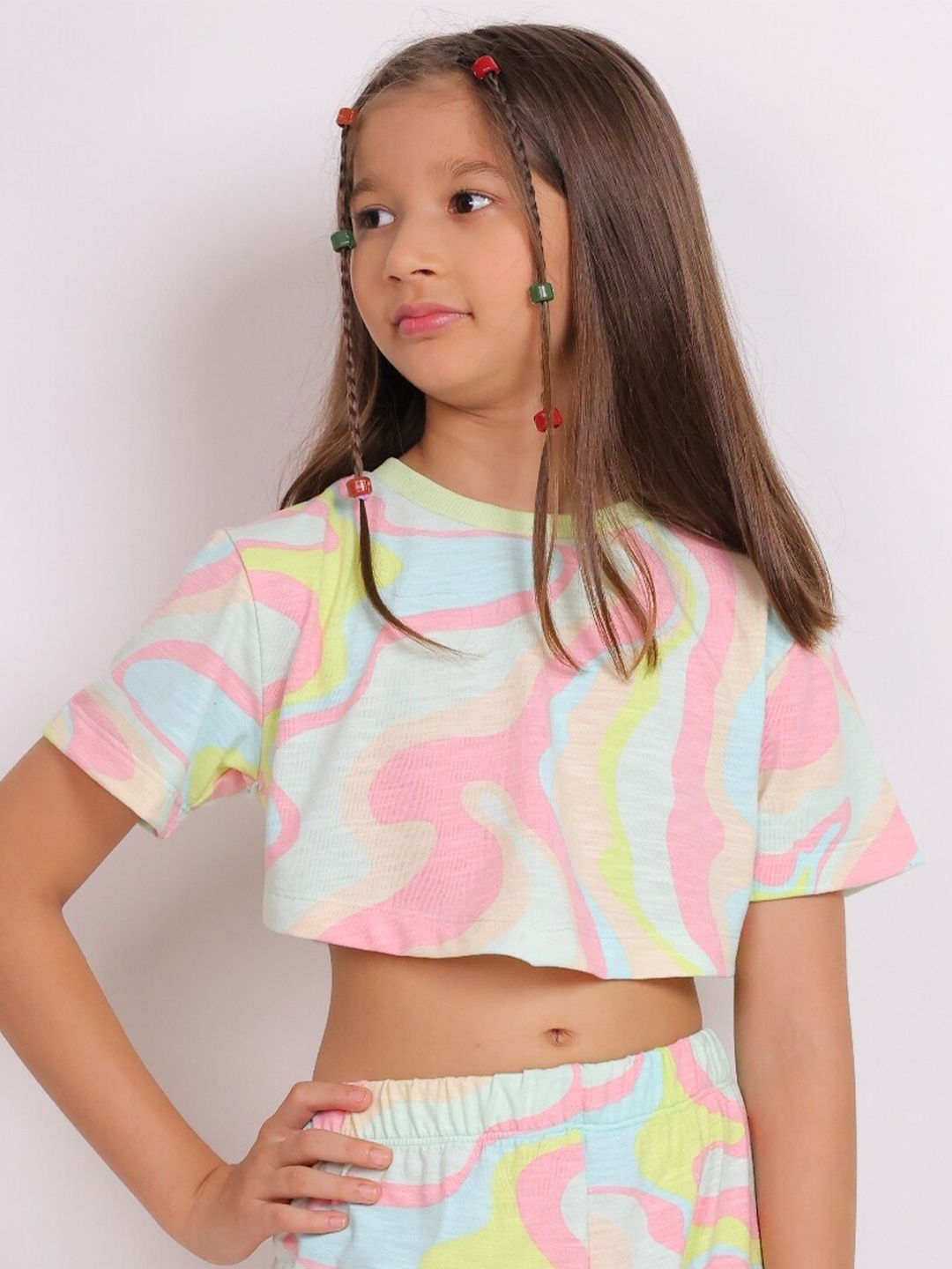 

Little Carrot Girls Abstract Printed Pure Cotton Top With Pyjamas, Blue