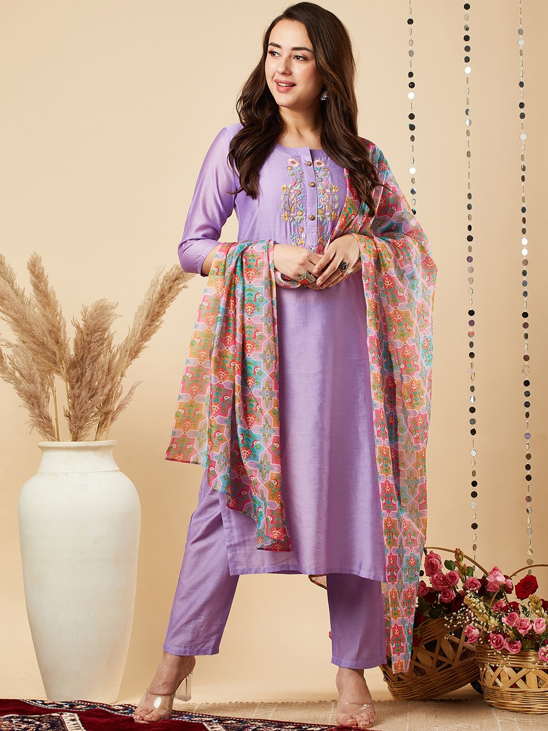 

KALINI Floral Embroidered Regular Kurta with Trousers & Dupatta, Purple