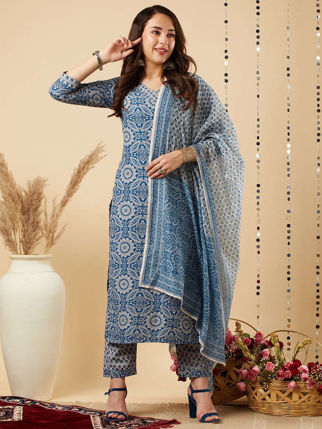 

KALINI Floral Printed Kurta With Trousers & Dupatta, Blue