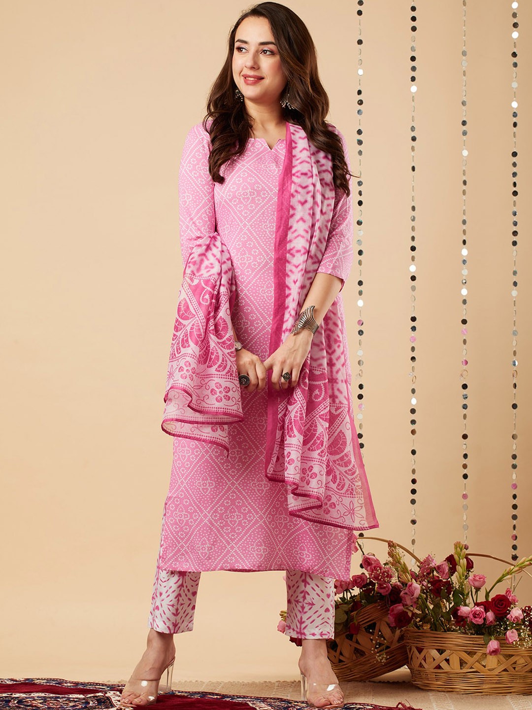 

KALINI Bandhani Printed Regular Kurta with Trousers & Dupatta, Magenta