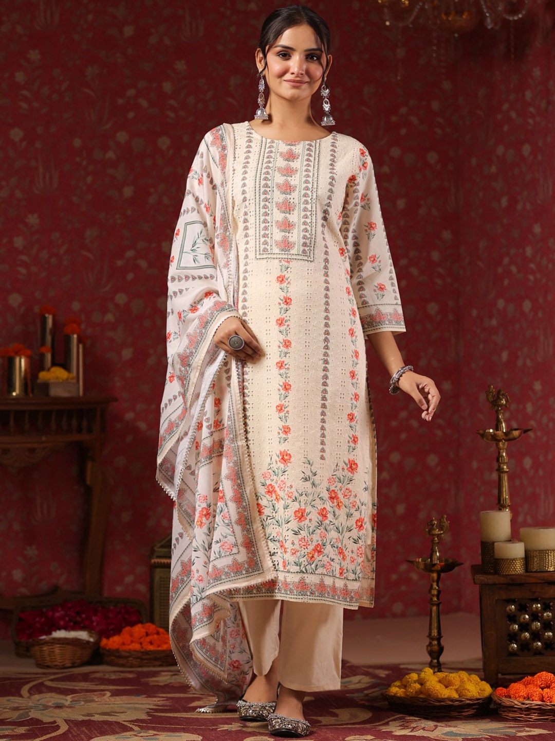 

Ishin Ethnic Motifs Printed Pure Cotton Straight Kurta with Trousers & With Dupatta, Off white