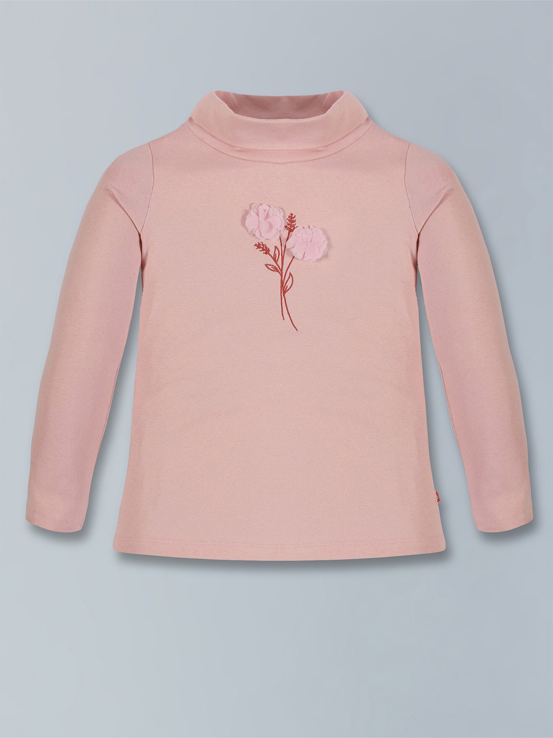 

3PIN Girls Turtle Neck Long Sleeves Embroidered Cotton Regular T-shirt, Pink