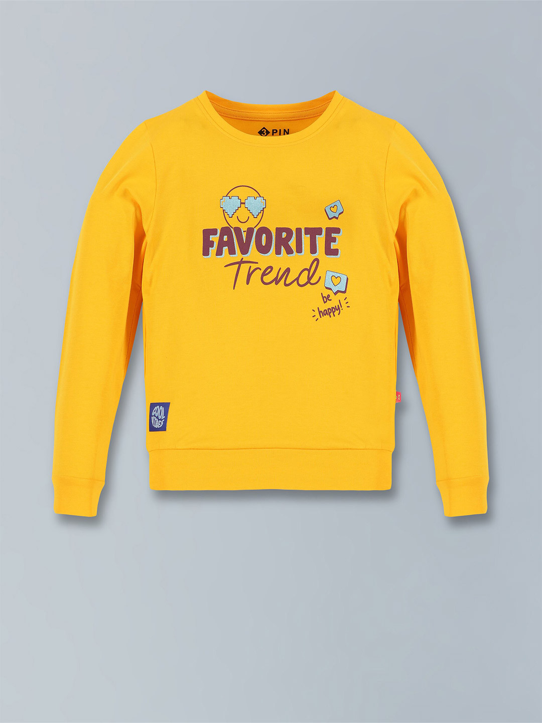 

3PIN Girls Typography Printed Round Neck Long Sleeves Cotton Pullover Sweatshirt, Mustard