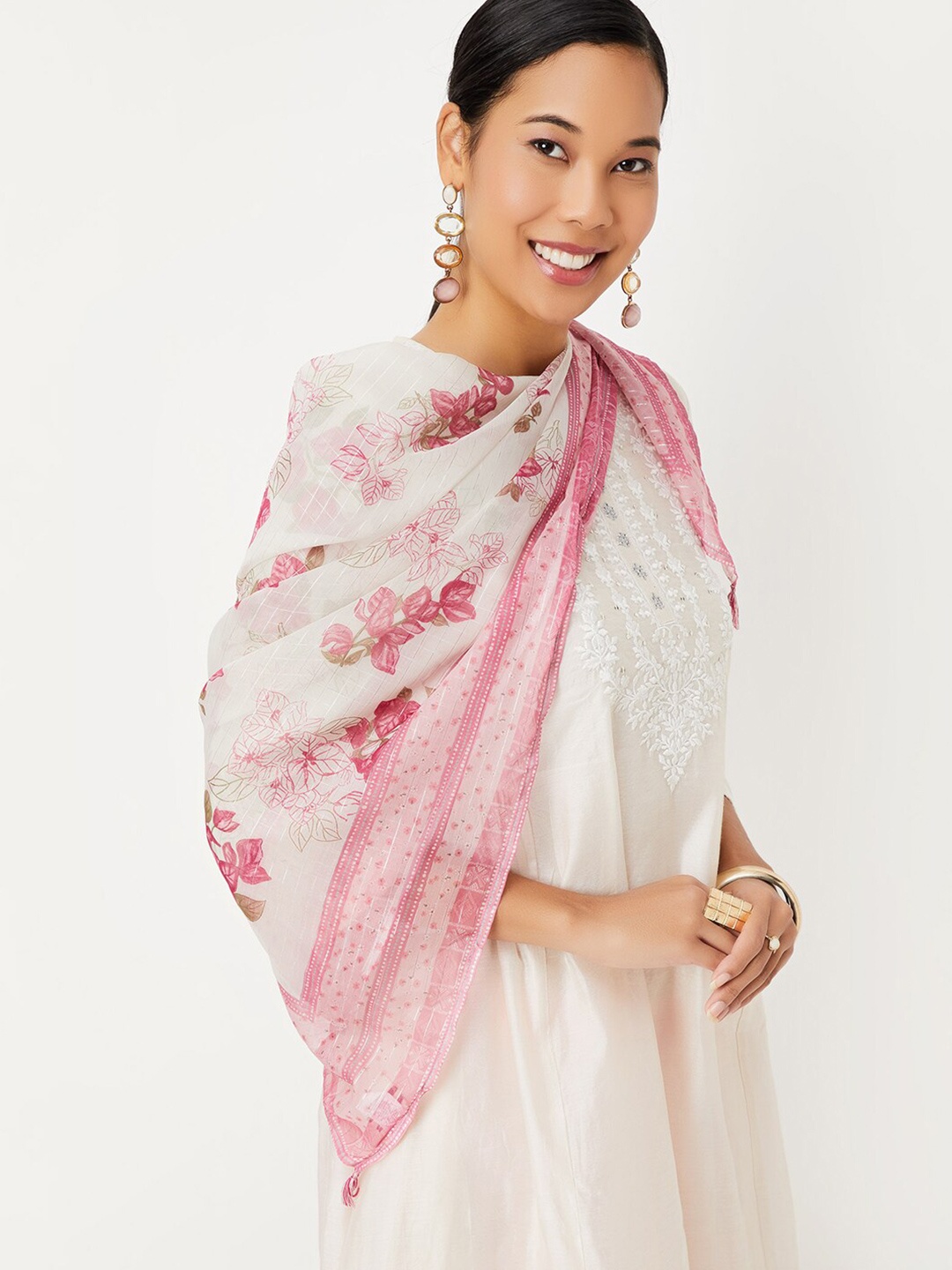 

max Floral Printed Dupatta With Zari, Off white