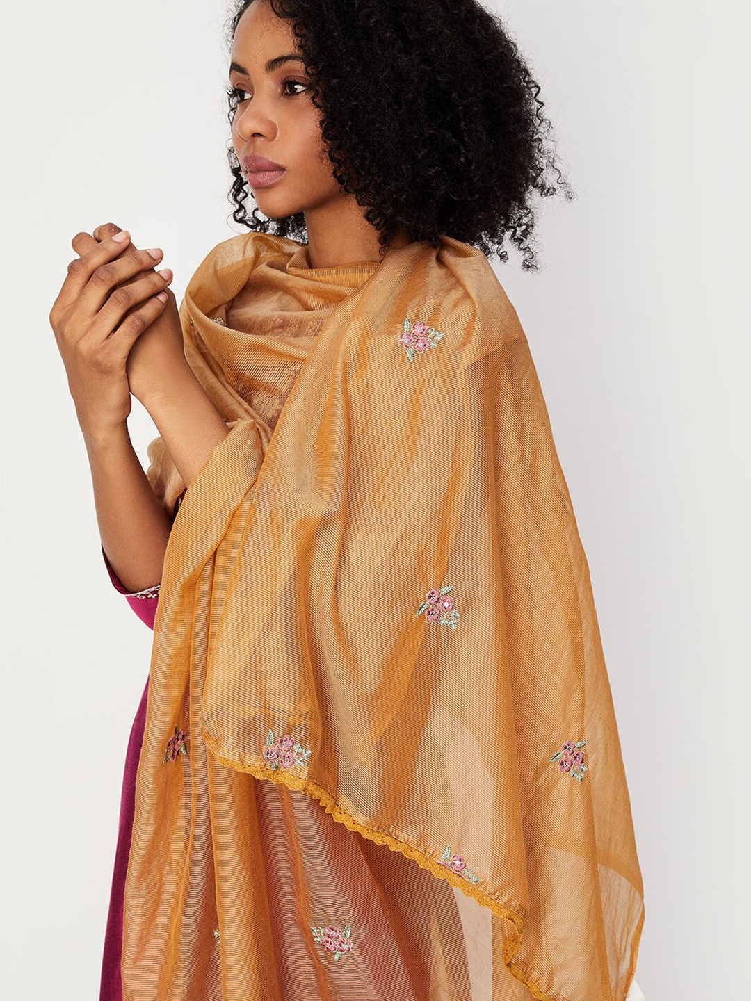 

max Floral Embroidered Thread Work Dupatta, Orange