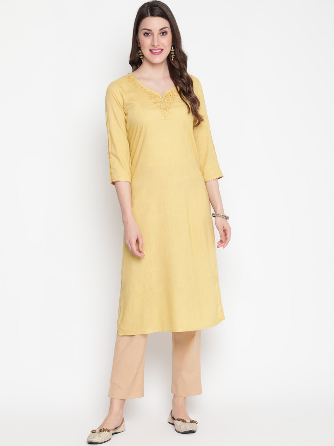 

SAVI Floral Yoke Design Sequinned Straight Kurta, Yellow