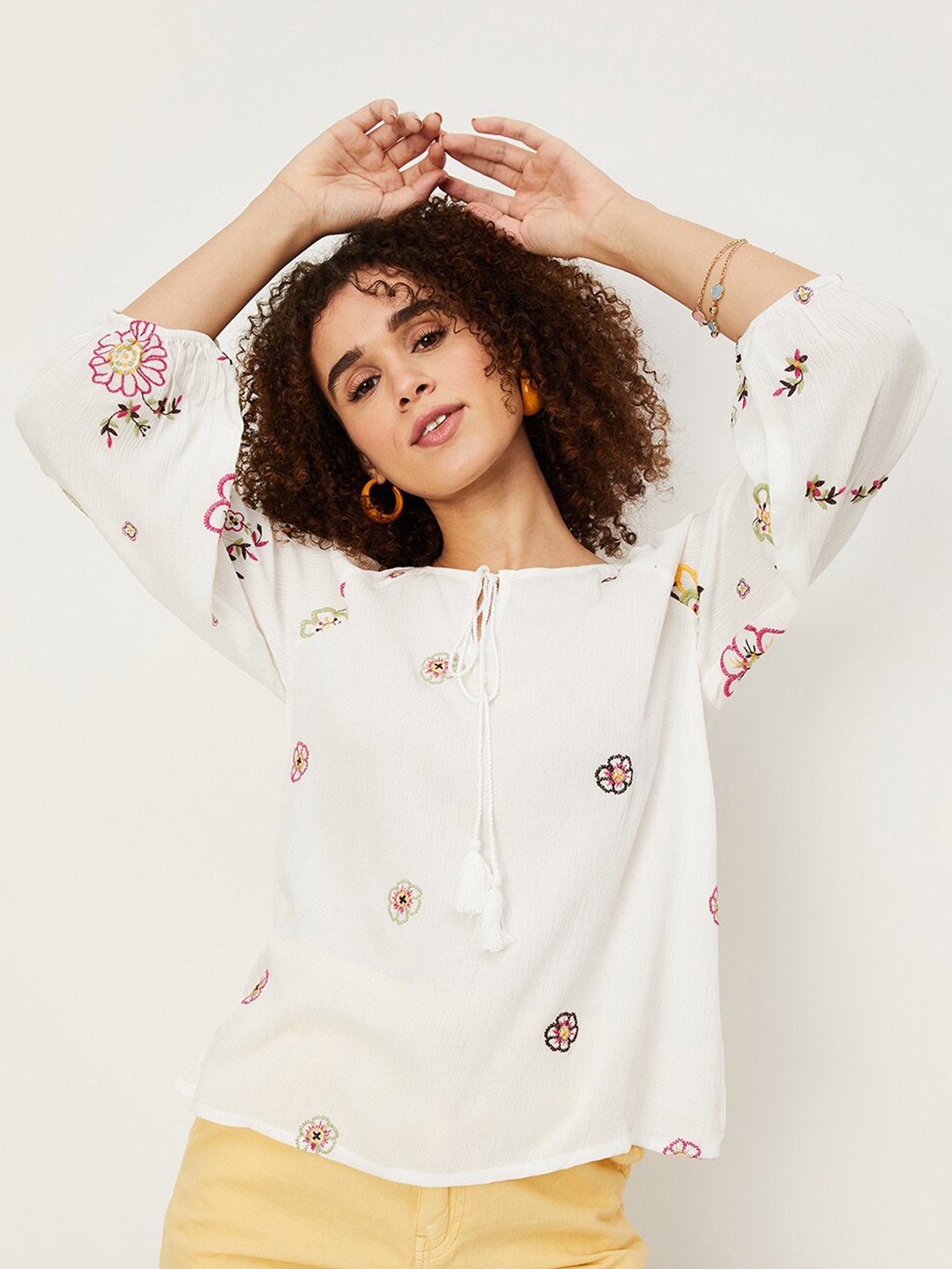 

max Floral Embroidered Tie-Up Neck Top, Off white