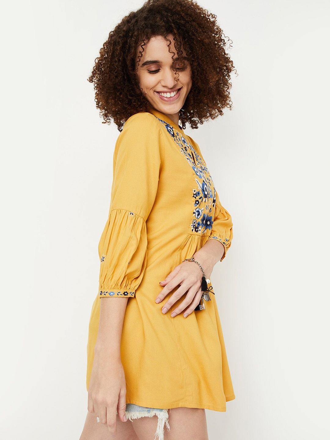 

max Floral Embroidered Mandarin Collar Tunic, Yellow
