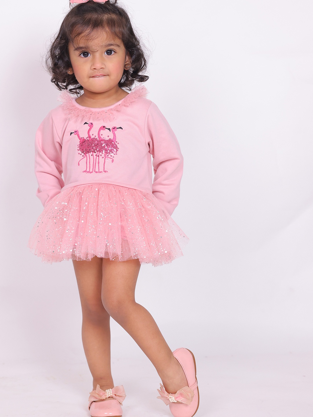 

Little Carrot Girls Embellished Sequined & Ruffled Cotton Tulle Fit & Flare Dress, Peach