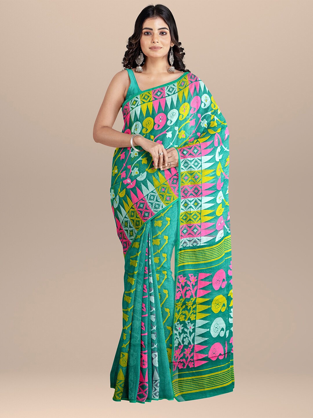 

SARIKA Paisley Woven Design Pure Cotton Jamdani Saree, Green