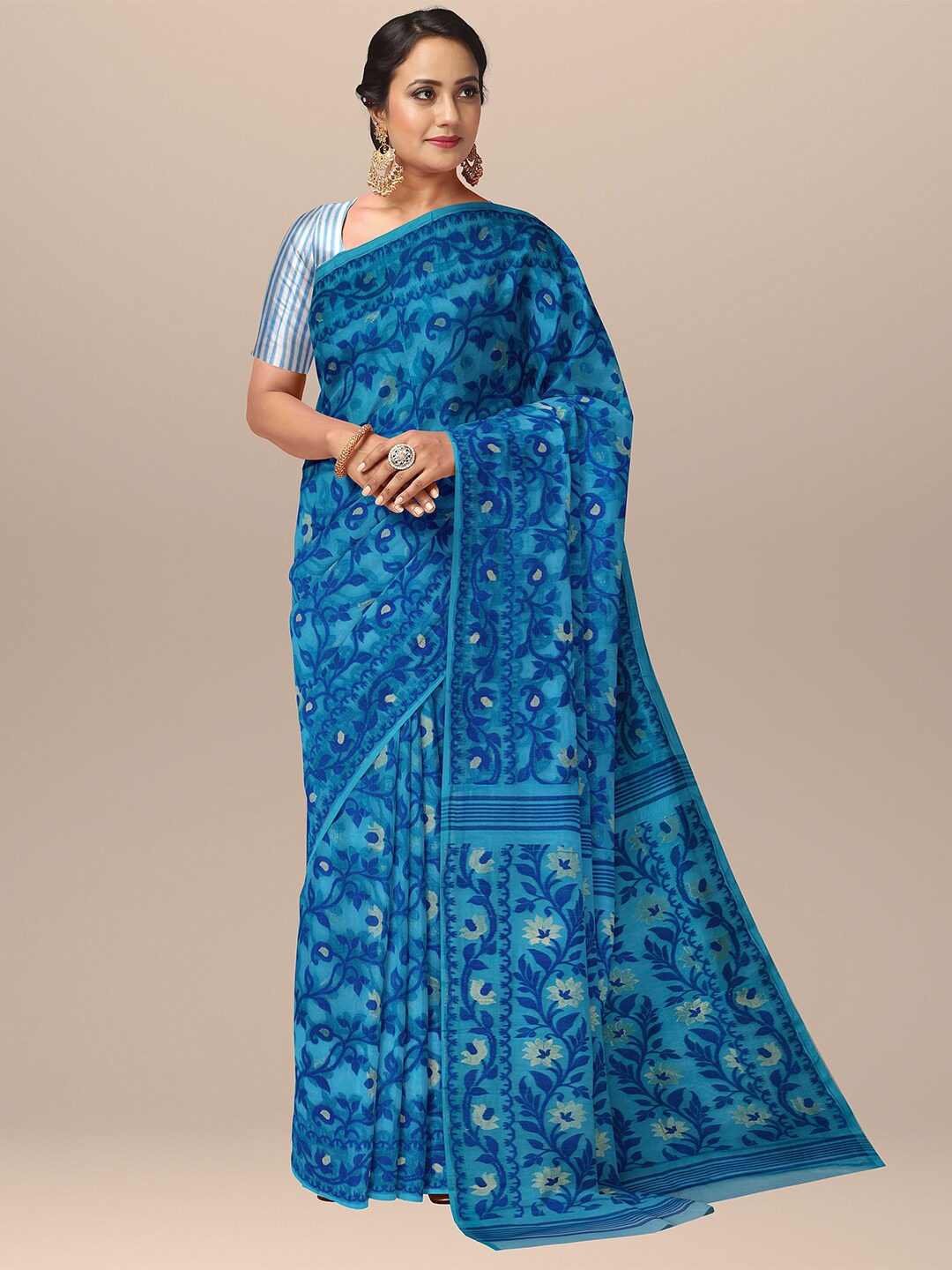 

SARIKA Floral Woven Design Pure Cotton Jamdani Saree, Blue