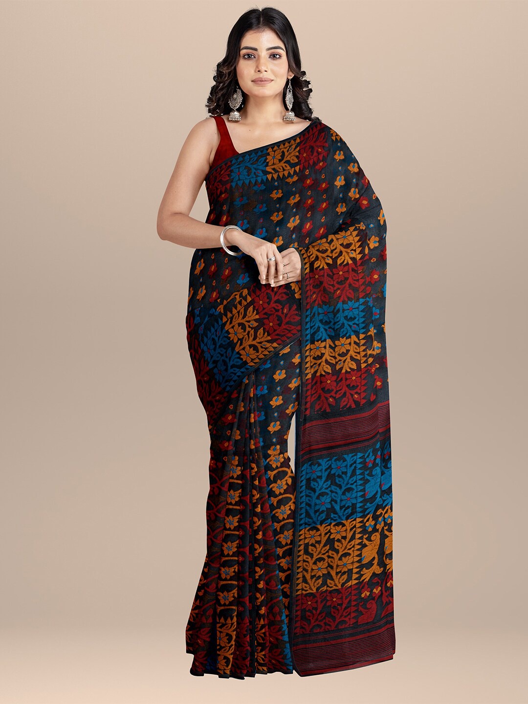 

SARIKA Woven Design Zari Pure Cotton Jamdani Saree, Black