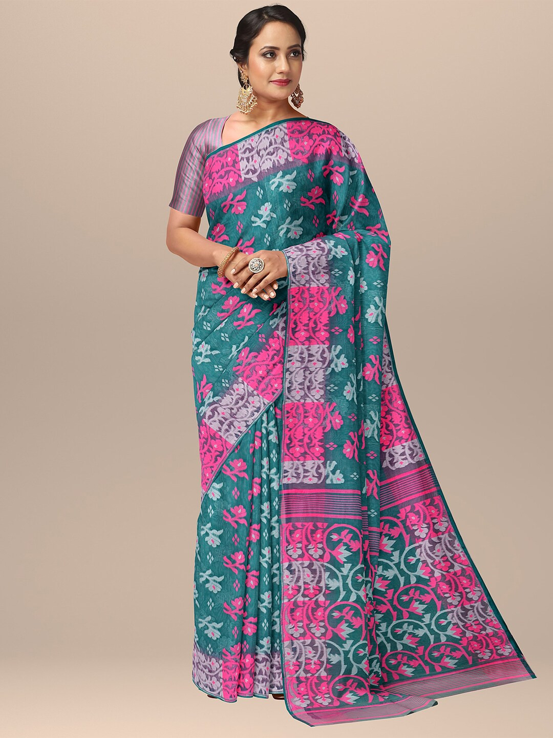 

SARIKA Floral Printed Zari Pure Cotton Jamdani Saree, Turquoise blue