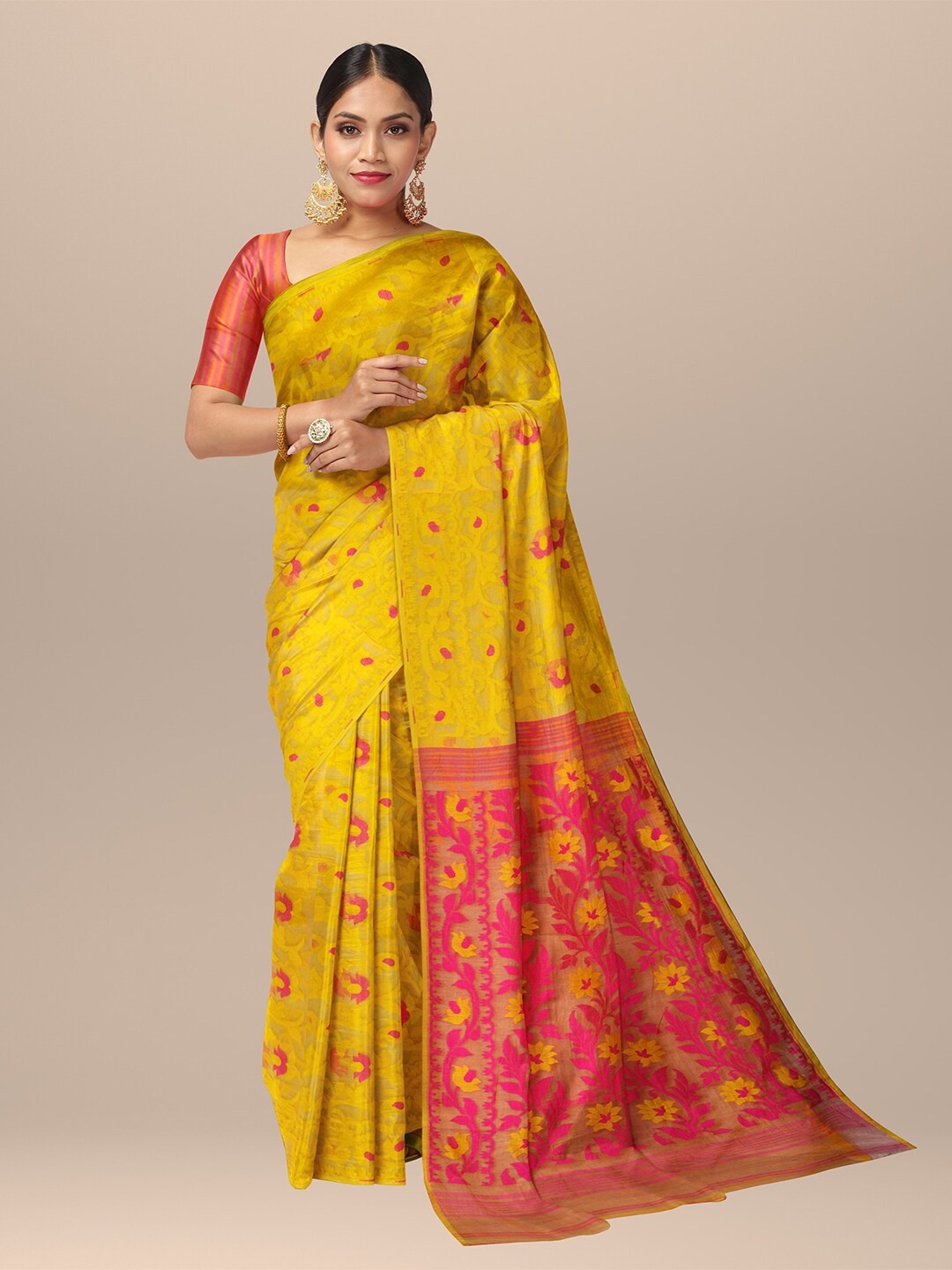 

SARIKA Ethnic Motifs Woven Design Pure Cotton Jamdani Saree, Yellow