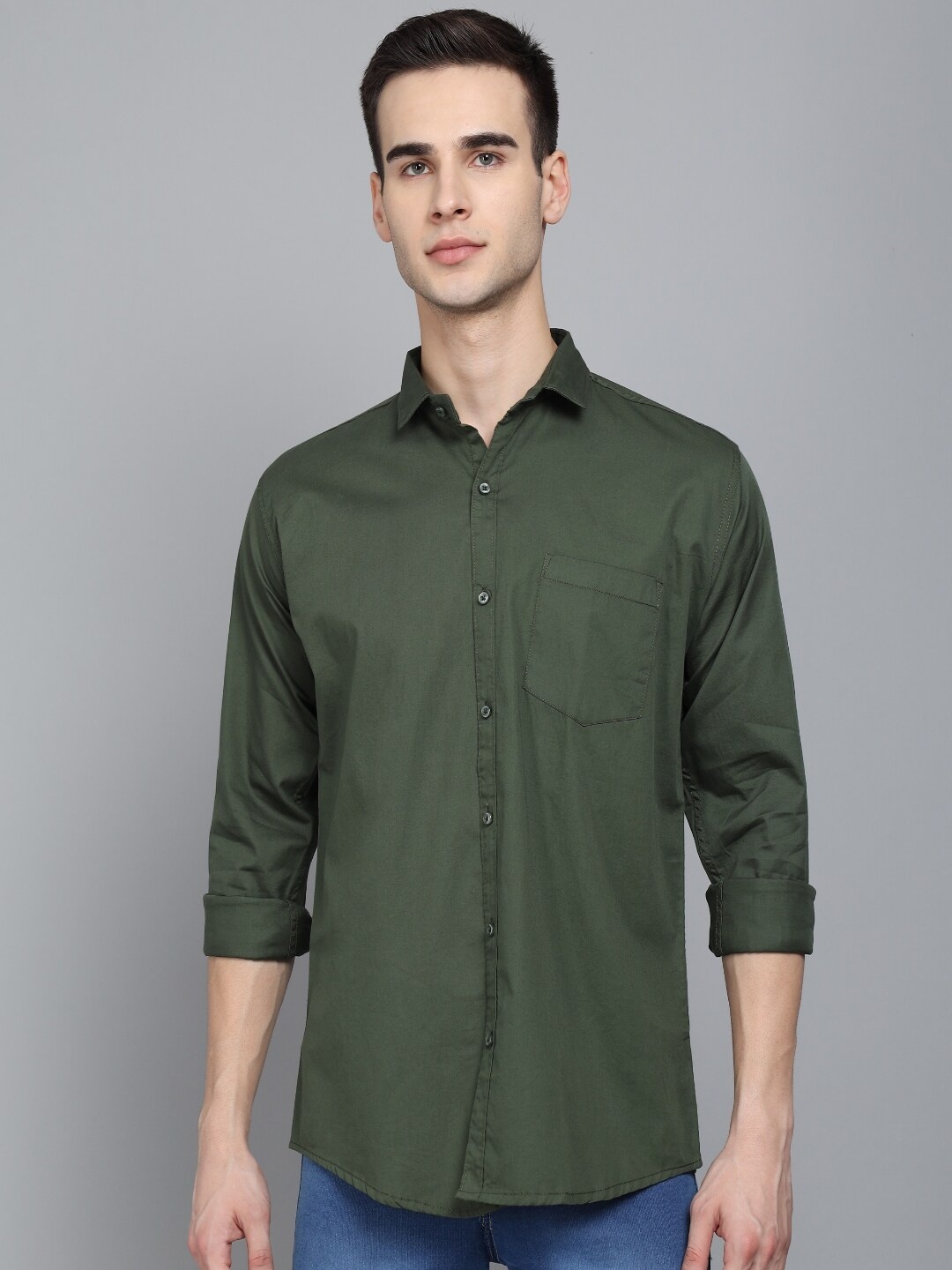 

STUDIO NEXX Standard Slim Fit Twill Pure Cotton Casual Shirt, Olive