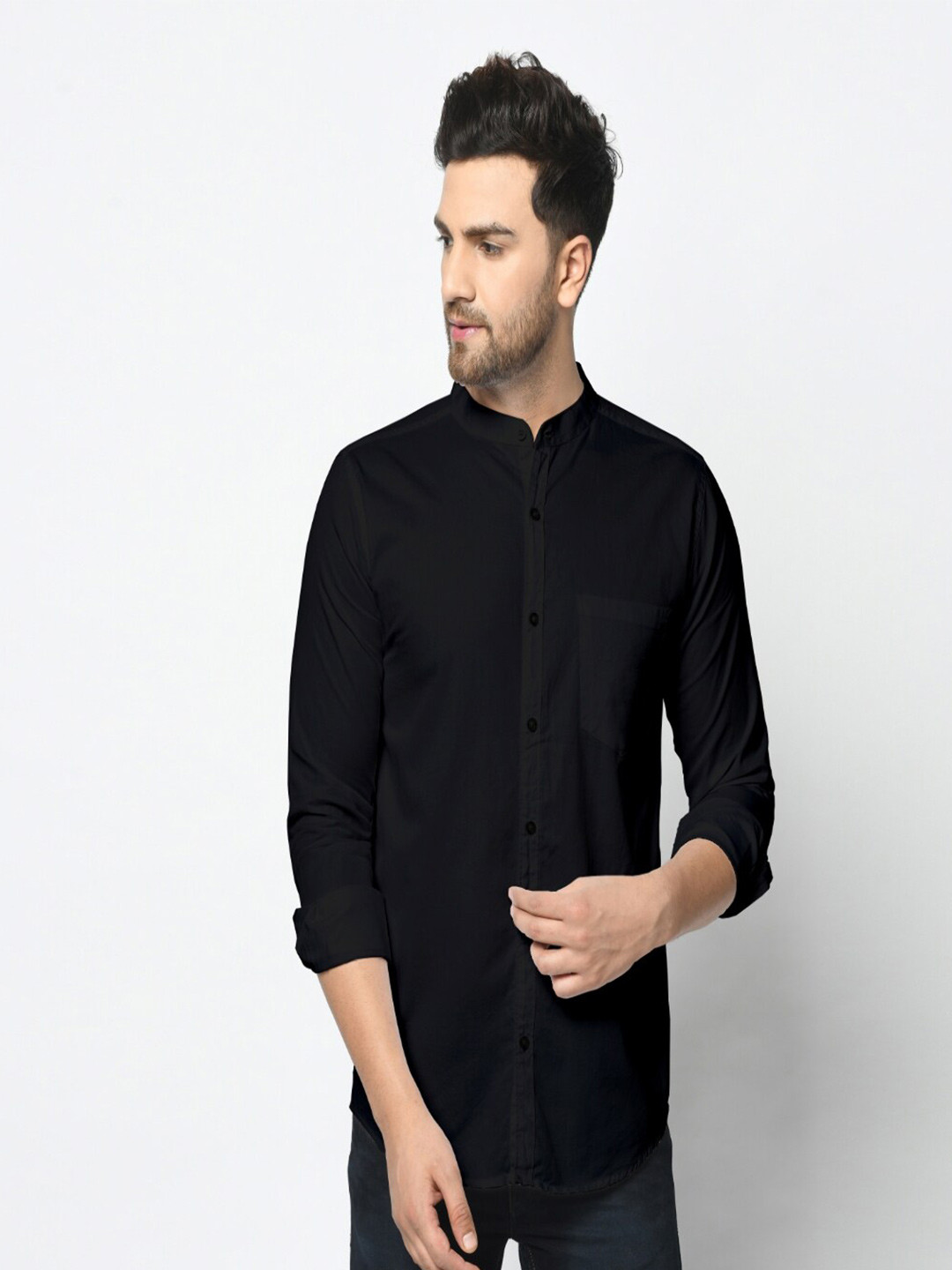 

STUDIO NEXX Standard Brand Collar Slim Fit Twill Pure Cotton Casual Shirt, Black