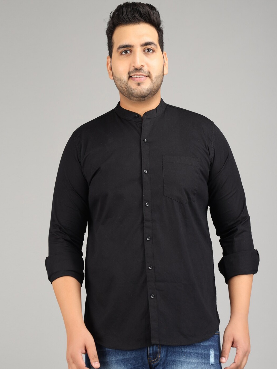 

STUDIO NEXX Plus Size Band Collar Standard Slim Fit Pure Cotton Casual Shirt, Black
