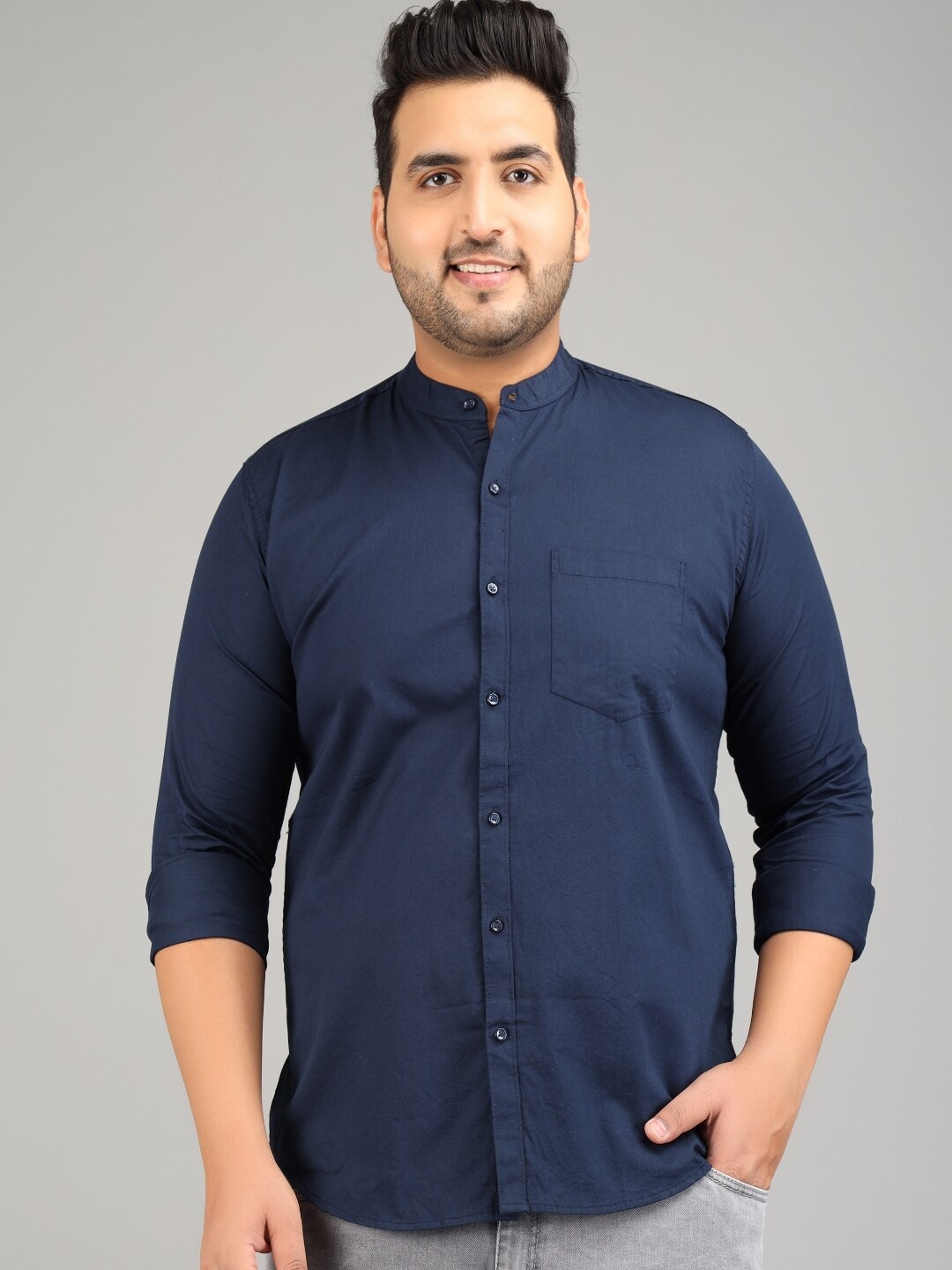 

STUDIO NEXX Plus Size Standard Slim Fit Mandarin Collar Twill Pure Cotton Casual Shirt, Navy blue