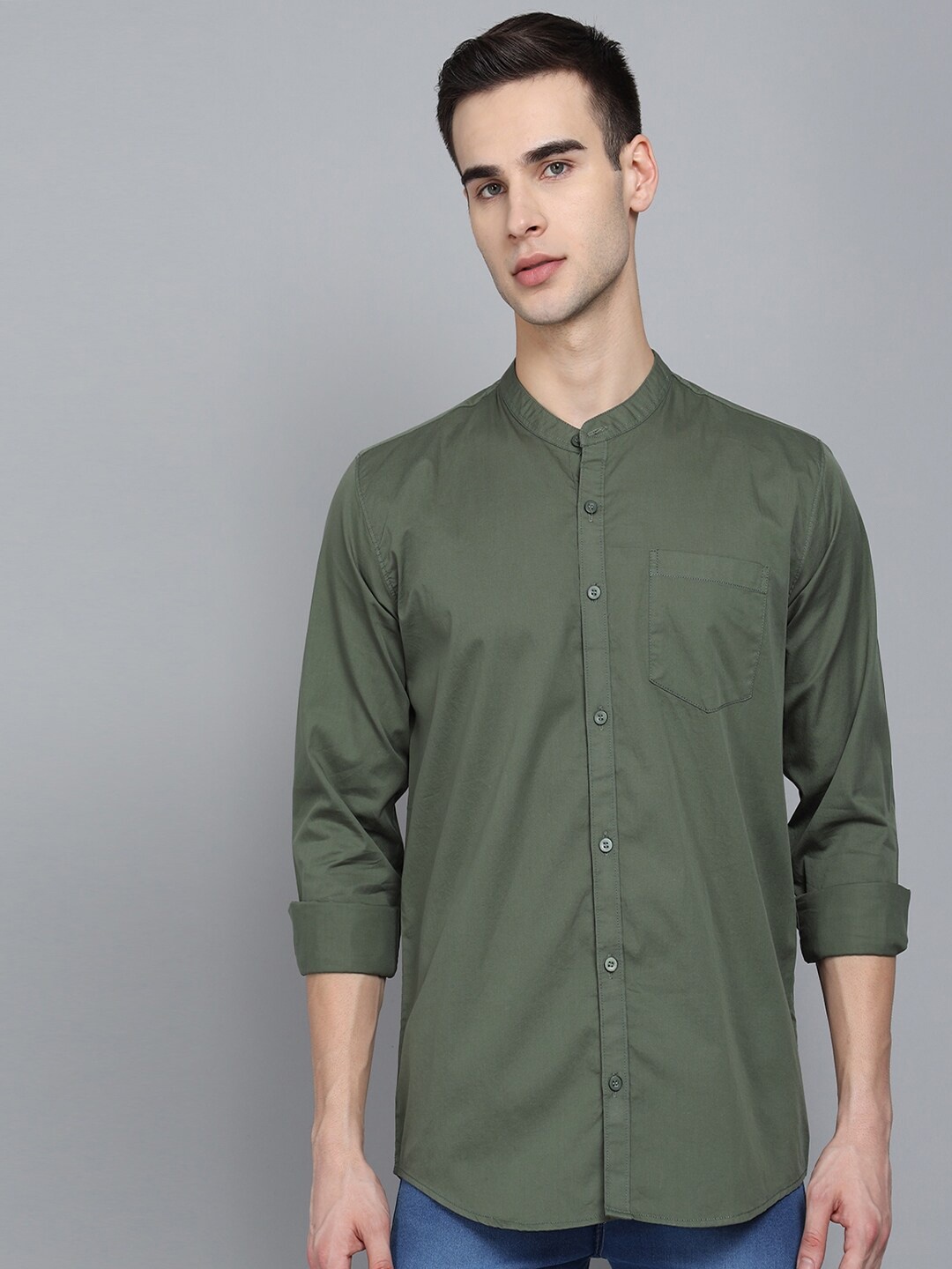 

STUDIO NEXX Standard Slim Fit Band Collar Twill Weave Casual Shirt, Green