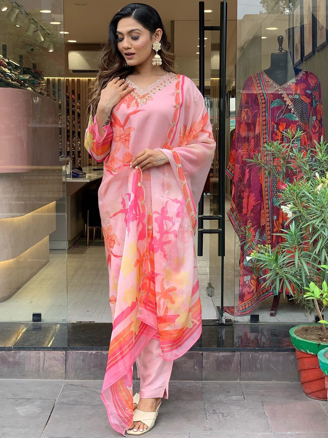 

KALINI Floral Printed Regular Sequinned Kurta with Trousers & Dupatta, Pink