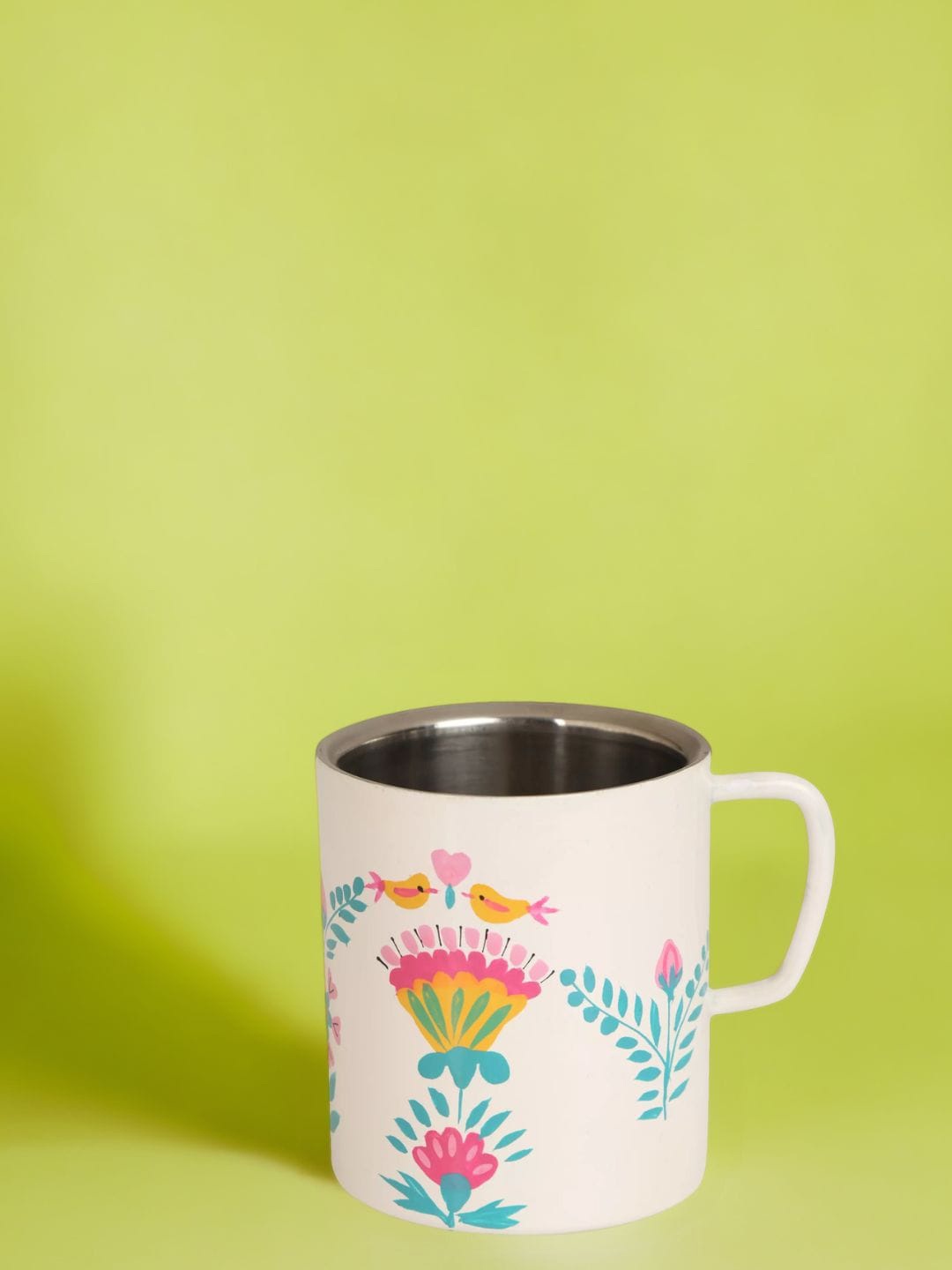 

Indikluster Off-White Floral Stainless Steel Double Walled Mug 300 ml