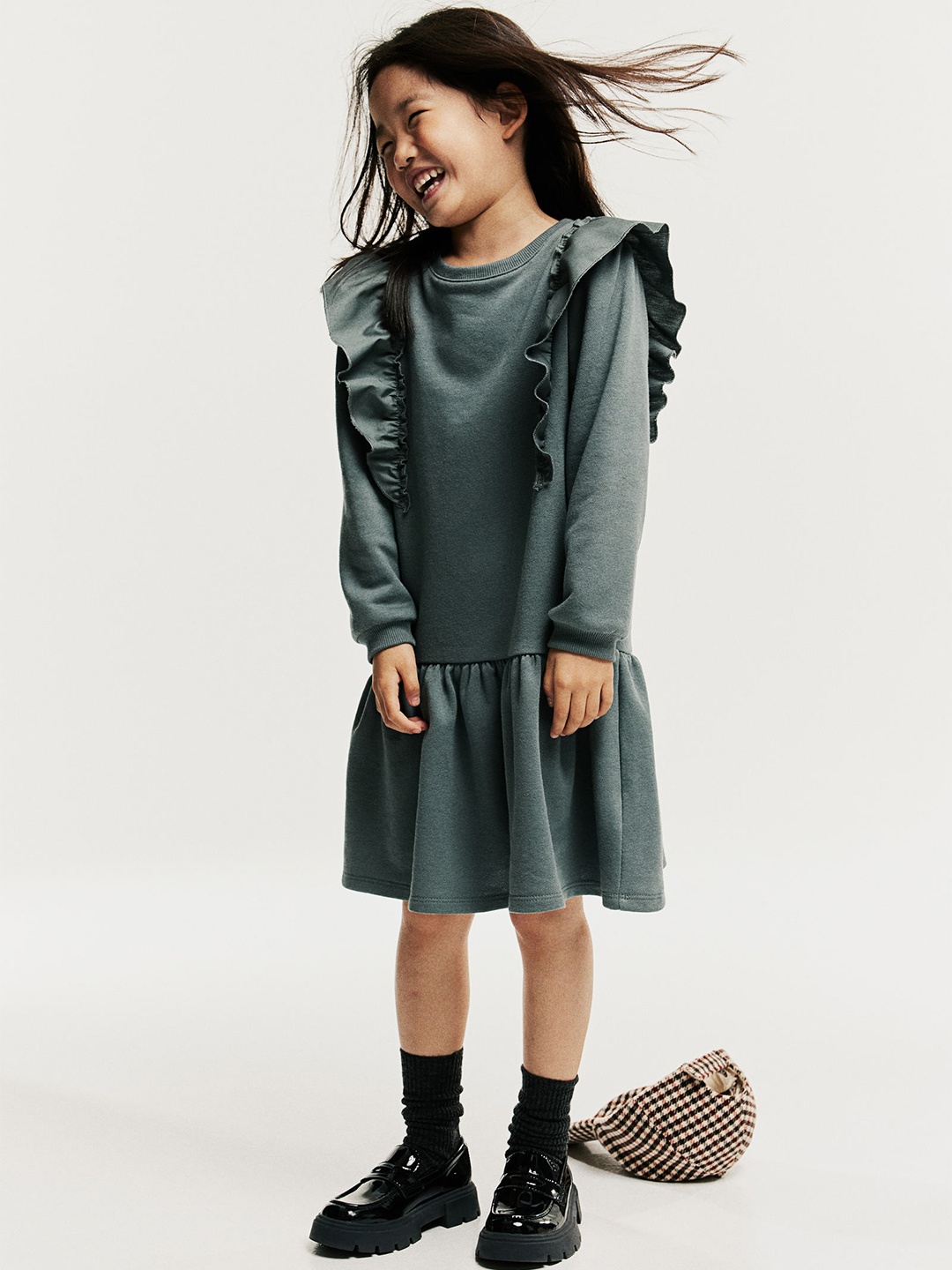 

H&M Girls Flounce-Trimmed Sweatshirt Dress, Green