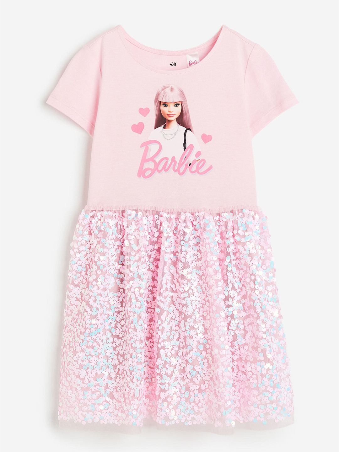 

H&M Girls Sequin-Skirt Pure Cotton Jersey Dress, Pink